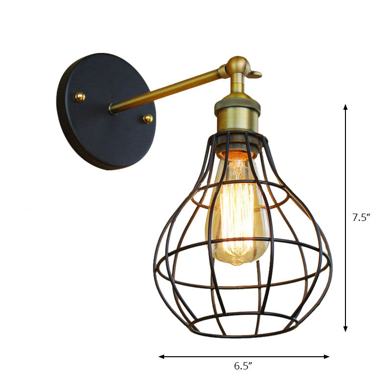 1 Head Cylinder/Teardrop Caged Wall Mount Lighting Industrial Black Metal Mini Wall Light Fixture for Bedroom Clearhalo 'Art deco wall lights' 'Cast Iron' 'Glass' 'Industrial wall lights' 'Industrial' 'Middle century wall lights' 'Modern' 'Rustic wall lights' 'Tiffany' 'Traditional wall lights' 'Wall Lamps & Sconces' 'Wall Lights' Lighting' 164773