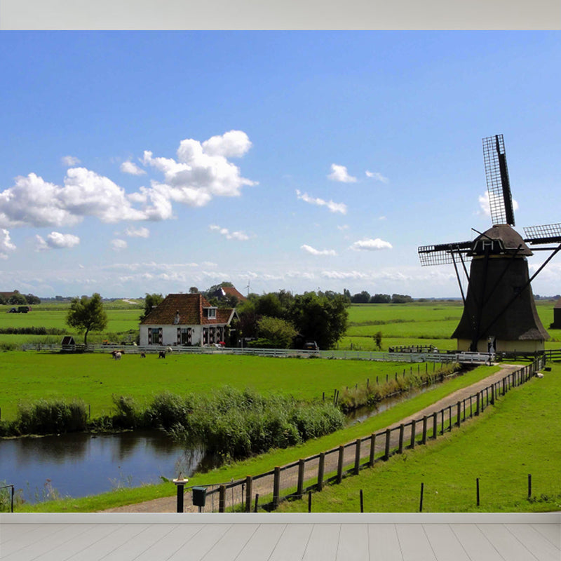 Whole Riverside Windmill Mural Decal for Wall Decor Contemporary Guest Room Wall Art Blue Design 3 Clearhalo 'Wall Decor' 'Wall Mural' 1647745