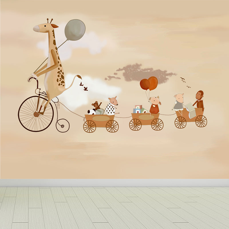 Customised Illustration Kid's Style Mural Wallpaper with Cartoon Animals in Light Color Beige Clearhalo 'Wall Decor' 'Wall Mural' 1648023