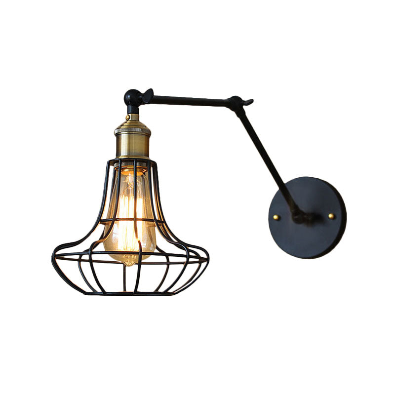 Black Globe/Teardrop Wall Sconce Lighting with Cage Shade Retro Metal 1 Light Arm Adjustable Wall Mount Light Clearhalo 'Art deco wall lights' 'Cast Iron' 'Glass' 'Industrial wall lights' 'Industrial' 'Middle century wall lights' 'Modern' 'Rustic wall lights' 'Tiffany' 'Traditional wall lights' 'Wall Lamps & Sconces' 'Wall Lights' Lighting' 164814