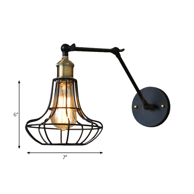 Black Globe/Teardrop Wall Sconce Lighting with Cage Shade Retro Metal 1 Light Arm Adjustable Wall Mount Light Clearhalo 'Art deco wall lights' 'Cast Iron' 'Glass' 'Industrial wall lights' 'Industrial' 'Middle century wall lights' 'Modern' 'Rustic wall lights' 'Tiffany' 'Traditional wall lights' 'Wall Lamps & Sconces' 'Wall Lights' Lighting' 164815