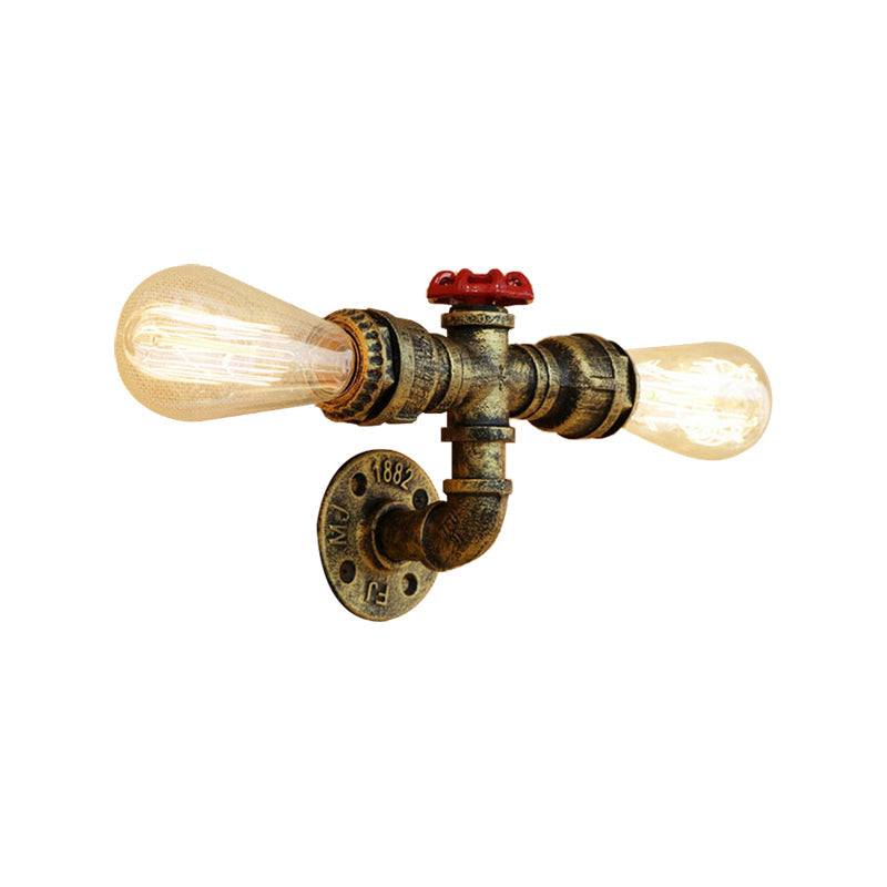 Bronze/Antique Brass 2 Heads Wall Light Fixture Warehouse Style Wrought Iron Bare Bulb Sconce Lamp with Pipe and Valve Clearhalo 'Art deco wall lights' 'Cast Iron' 'Glass' 'Industrial wall lights' 'Industrial' 'Middle century wall lights' 'Modern' 'Rustic wall lights' 'Tiffany' 'Traditional wall lights' 'Wall Lamps & Sconces' 'Wall Lights' Lighting' 164829