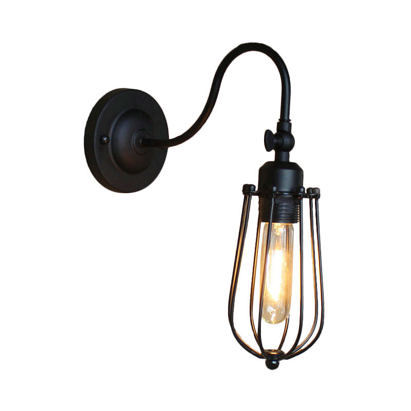 Black Globe/Oval Cage Wall Mount Light with Gooseneck Arm Retro Style Metallic 1 Head Bedroom Mini Wall Lamp Clearhalo 'Art deco wall lights' 'Cast Iron' 'Glass' 'Industrial wall lights' 'Industrial' 'Middle century wall lights' 'Modern' 'Rustic wall lights' 'Tiffany' 'Traditional wall lights' 'Wall Lamps & Sconces' 'Wall Lights' Lighting' 164848