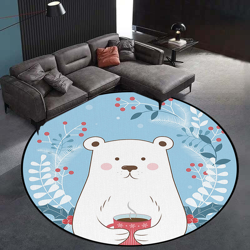 Kids Bedroom Rug in Blue Animal Bear Leaf Drink Print Rug Polyester Anti-Slip Backing Area Rug Blue Clearhalo 'Area Rug' 'Rug' 1648503