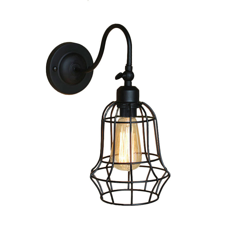 Black Globe/Oval Cage Wall Mount Light with Gooseneck Arm Retro Style Metallic 1 Head Bedroom Mini Wall Lamp Clearhalo 'Art deco wall lights' 'Cast Iron' 'Glass' 'Industrial wall lights' 'Industrial' 'Middle century wall lights' 'Modern' 'Rustic wall lights' 'Tiffany' 'Traditional wall lights' 'Wall Lamps & Sconces' 'Wall Lights' Lighting' 164854