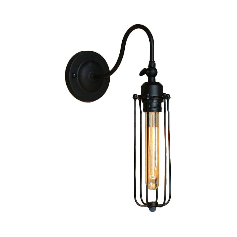 Black Globe/Oval Cage Wall Mount Light with Gooseneck Arm Retro Style Metallic 1 Head Bedroom Mini Wall Lamp Clearhalo 'Art deco wall lights' 'Cast Iron' 'Glass' 'Industrial wall lights' 'Industrial' 'Middle century wall lights' 'Modern' 'Rustic wall lights' 'Tiffany' 'Traditional wall lights' 'Wall Lamps & Sconces' 'Wall Lights' Lighting' 164860