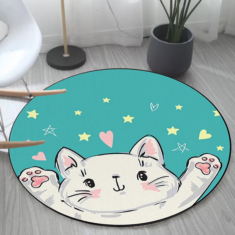 Kids Bedroom Rug in Green and Yellow Animal Cat Heart Star Print Rug Polyester Stain-Resistant Area Rug Green Clearhalo 'Area Rug' 'Rug' 1648671
