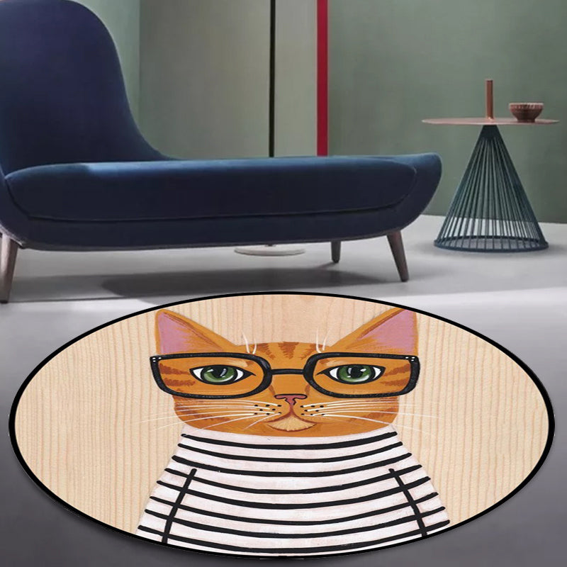 Kids Bedroom Rug in Green and Blue Animal Cat Glasses Print Rug Polyester Pet Friendly Area Rug Brown Clearhalo 'Area Rug' 'Rug' 1649049