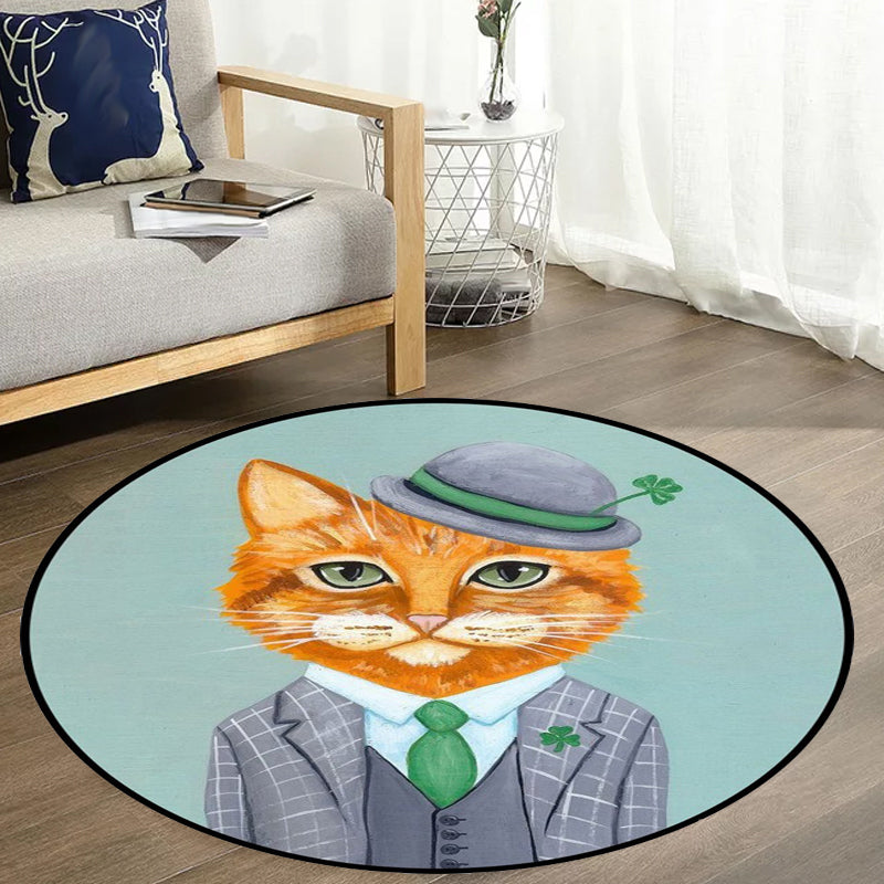 Kids Bedroom Rug in Green and Blue Animal Cat Glasses Print Rug Polyester Pet Friendly Area Rug Green Clearhalo 'Area Rug' 'Rug' 1649052