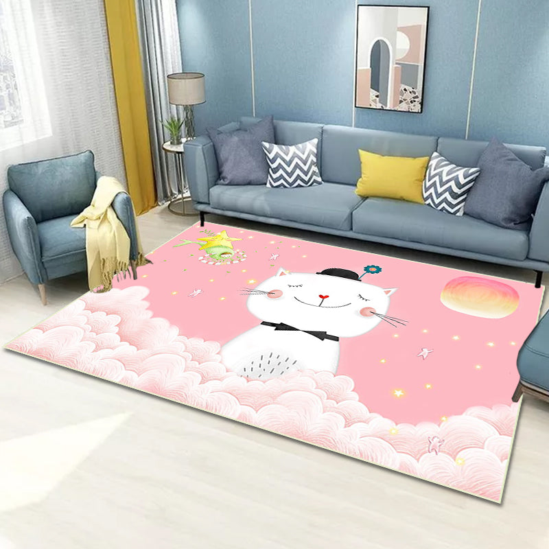 Casual Kids Rug in Pink Animal Cat Cloud Pattern Rug Polyester Anti-Slip Backing Washable Carpet for Nursery Pink Clearhalo 'Area Rug' 'Rug' 1649130