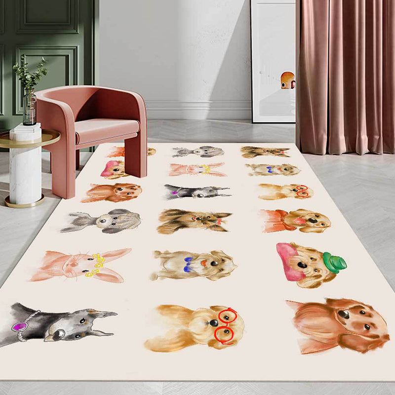 Kids Bedroom Rug in Ivory Animal Dog Cat Pig Print Rug Polyester Non-Slip Backing Area Rug Beige Design 1 Clearhalo 'Area Rug' 'Rug' 1649148