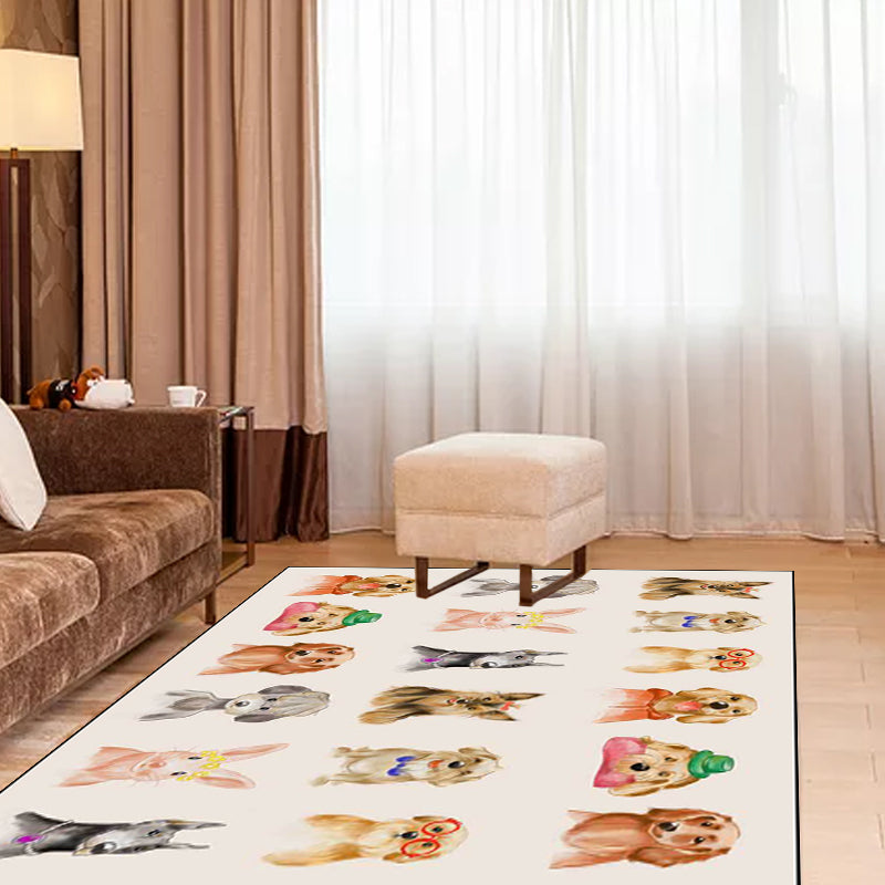 Kids Bedroom Rug in Ivory Animal Dog Cat Pig Print Rug Polyester Non-Slip Backing Area Rug Clearhalo 'Area Rug' 'Rug' 1649149