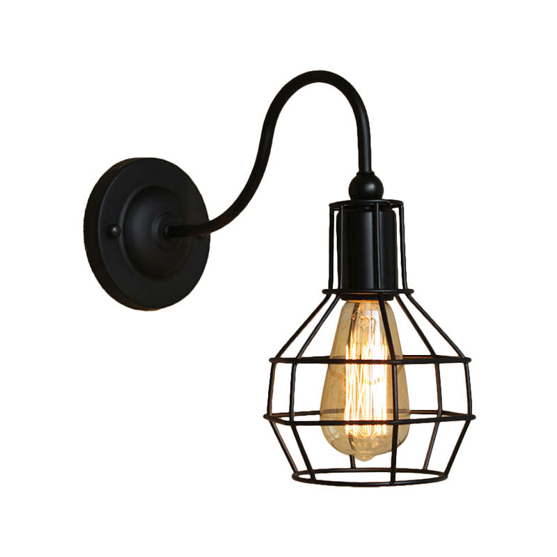 Metallic Black/Bronze Wall Lighting Global Cage 1 Head Vintage Industrial Wall Lamp with Gooseneck Arm Clearhalo 'Art deco wall lights' 'Cast Iron' 'Glass' 'Industrial wall lights' 'Industrial' 'Middle century wall lights' 'Modern' 'Rustic wall lights' 'Tiffany' 'Traditional wall lights' 'Wall Lamps & Sconces' 'Wall Lights' Lighting' 164917