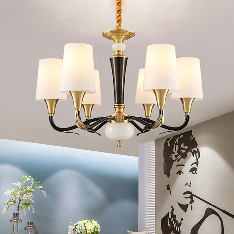 Milky Glass Black Pendulum Lamp Elongated Cone 6-Light Rural Pendant Chandelier for Dining Hall Black Clearhalo 'Ceiling Lights' 'Chandeliers' 'Glass shade' 'Glass' Lighting' 1649322