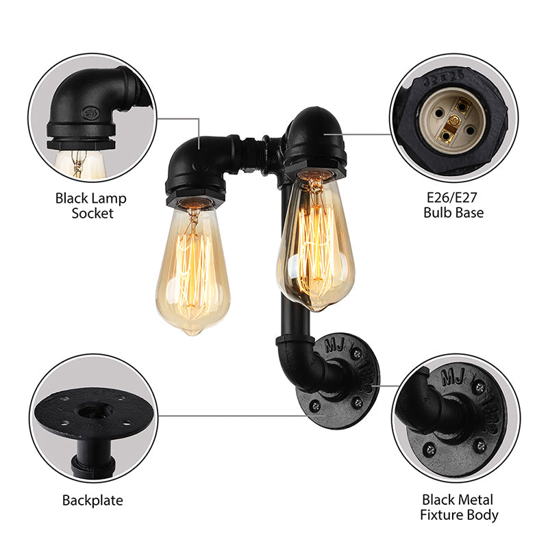 2 Lights Wall Lighting with Pipe and Open Bulb Metal Warehouse Style Bathroom Wall Mounted Lamp in Bronze/Black Clearhalo 'Art deco wall lights' 'Cast Iron' 'Glass' 'Industrial wall lights' 'Industrial' 'Middle century wall lights' 'Modern' 'Rustic wall lights' 'Tiffany' 'Traditional wall lights' 'Wall Lamps & Sconces' 'Wall Lights' Lighting' 164940