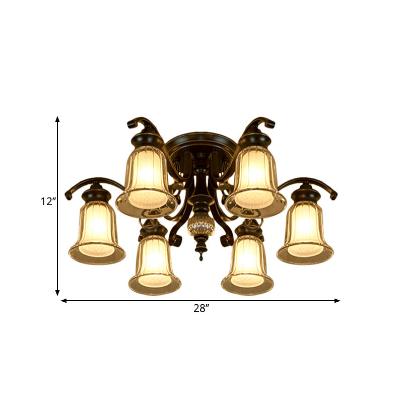 3/6 Bulbs Ceiling Fixture Cottage Dual Bell Clear and Opal Glass Semi Flush Mount in Black Clearhalo 'Ceiling Lights' 'Close To Ceiling Lights' 'Close to ceiling' 'Semi-flushmount' Lighting' 1649463