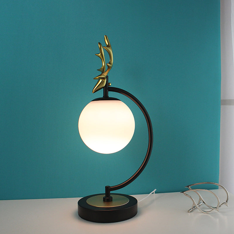 Globe Reading Light Cartoon White Glass 1-Light Black/Gold with Deer Design for Bedroom Clearhalo 'Lamps' 'Table Lamps' Lighting' 1649465