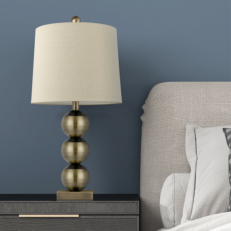 1 Head Barrel Night Light Traditional Brown Fabric Reading Book Lighting with 3 Brass Orbs Design Clearhalo 'Lamps' 'Table Lamps' Lighting' 1649647