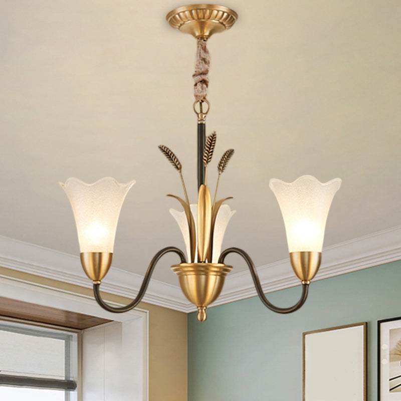 Traditional Blossom Chandelier Lamp 3/6 Heads Cream Glass Suspension Lighting Fixture with Curved Arm in Brass 3 Brass Clearhalo 'Ceiling Lights' 'Chandeliers' 'Glass shade' 'Glass' Lighting' 1649692