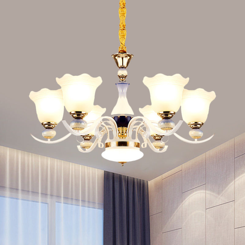 Bloom Dining Room Pendant Chandelier Antiqued Frosted Glass 3/6 Lights White Curvy Arm Suspension Lamp Clearhalo 'Ceiling Lights' 'Chandeliers' 'Glass shade' 'Glass' Lighting' 1649716