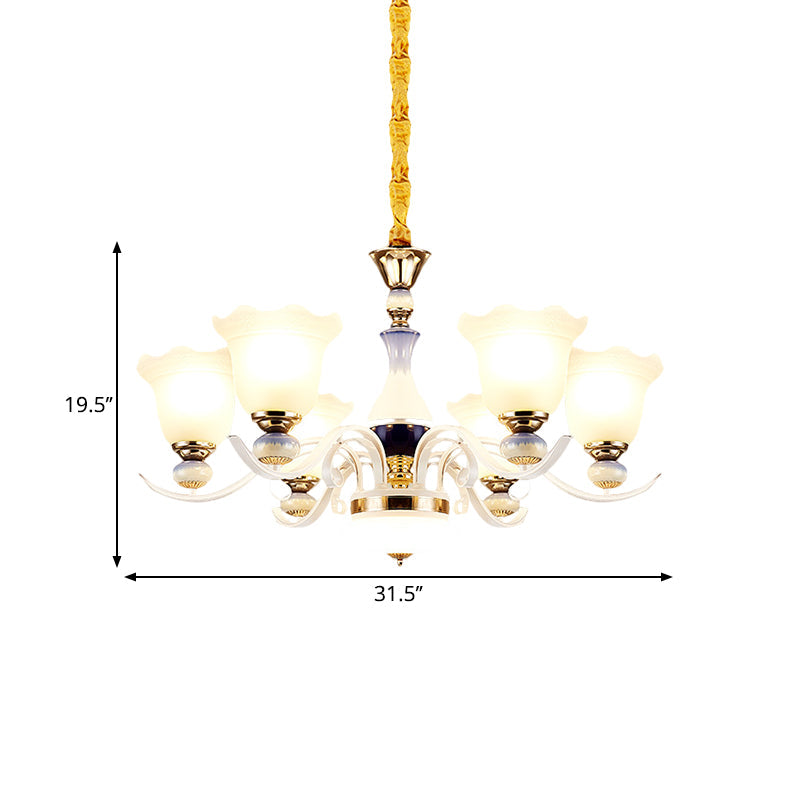 Bloom Dining Room Pendant Chandelier Antiqued Frosted Glass 3/6 Lights White Curvy Arm Suspension Lamp Clearhalo 'Ceiling Lights' 'Chandeliers' 'Glass shade' 'Glass' Lighting' 1649718