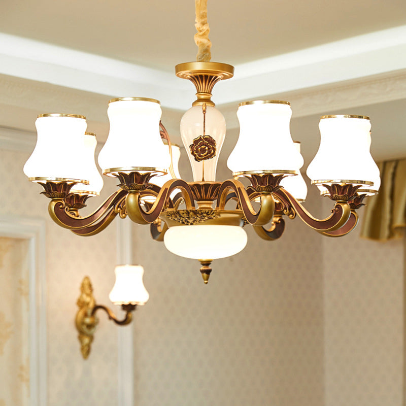 Brass 6/8-Head Pendant Lamp Retro Style Milky Glass Jar-Like Hanging Ceiling Light for Living Room 8 Brass Clearhalo 'Ceiling Lights' 'Chandeliers' 'Glass shade' 'Glass' 'Pendant Lights' Lighting' 1649723