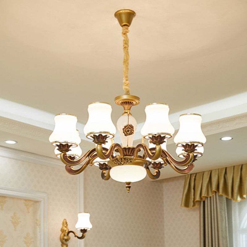Brass 6/8-Head Pendant Lamp Retro Style Milky Glass Jar-Like Hanging Ceiling Light for Living Room Clearhalo 'Ceiling Lights' 'Chandeliers' 'Glass shade' 'Glass' 'Pendant Lights' Lighting' 1649724