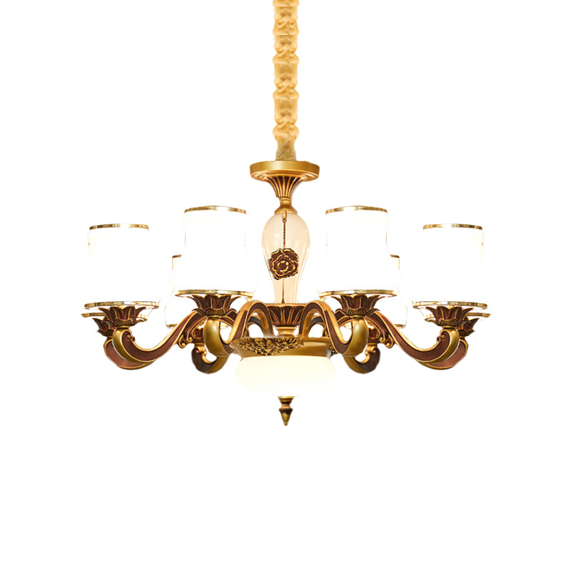 Brass 6/8-Head Pendant Lamp Retro Style Milky Glass Jar-Like Hanging Ceiling Light for Living Room Clearhalo 'Ceiling Lights' 'Chandeliers' 'Glass shade' 'Glass' 'Pendant Lights' Lighting' 1649726