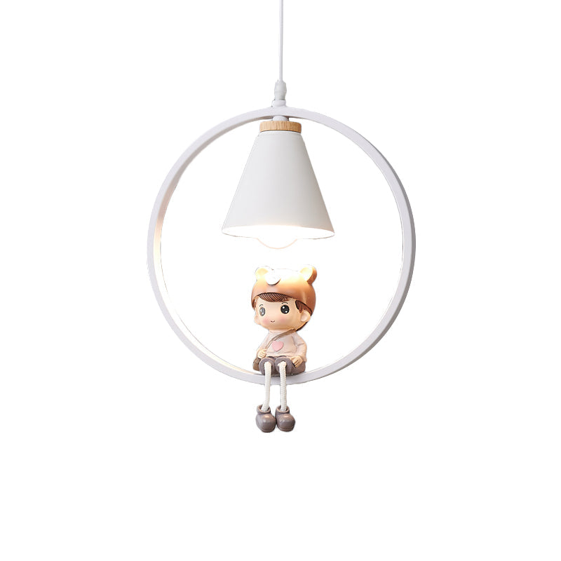 Cartoon Tapered Hanging Light Metal 1 Light Bedroom Pendant Lamp with Ring and Girl/Boy/Deer Decor in Black/White Clearhalo 'Ceiling Lights' 'Pendant Lights' 'Pendants' Lighting' 1649799
