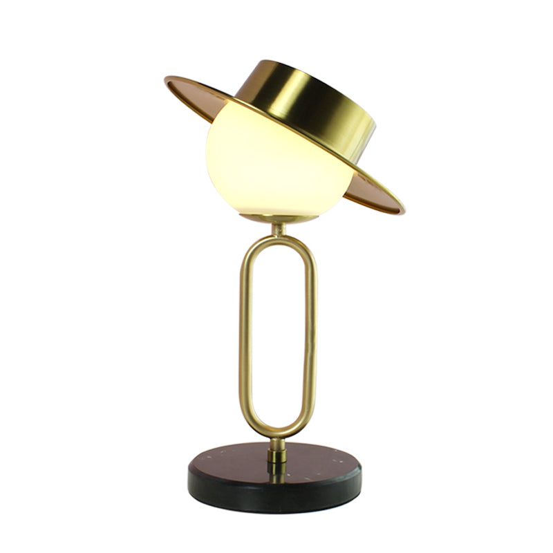 Metal Hat Desk Light Cartoon 1 Light Table Lamp with Cream Glass Shade and Marble Base in Brass Clearhalo 'Lamps' 'Table Lamps' Lighting' 1649883