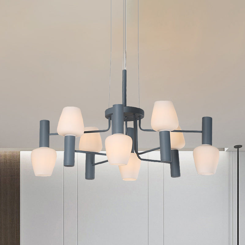 Grey/Pink/Yellow Conical Chandelier Lamp Modernist 8 Heads Frosted Glass Hanging Light for Living Room Clearhalo 'Ceiling Lights' 'Chandeliers' Lighting' options 1650078