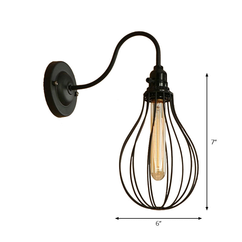 Metallic Oval/Teardrop/Bulb Wall Lighting with Wire Guard Industrial 1 Light Balcony Wall Mounted Lamp in Black Clearhalo 'Art deco wall lights' 'Cast Iron' 'Glass' 'Industrial wall lights' 'Industrial' 'Middle century wall lights' 'Modern' 'Rustic wall lights' 'Tiffany' 'Traditional wall lights' 'Wall Lamps & Sconces' 'Wall Lights' Lighting' 165020