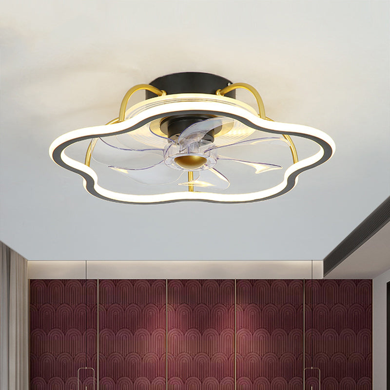 7-Blade Black/Gold Flower Shape Semi Flush Chandelier Lighting Simple Metal LED Pendant Fan Fixture, 18.5 Inch Wide Black Clearhalo 'Ceiling Fans with Lights' 'Ceiling Fans' 'Kids Ceiling Fans' 'Kids' Lighting' 1650246