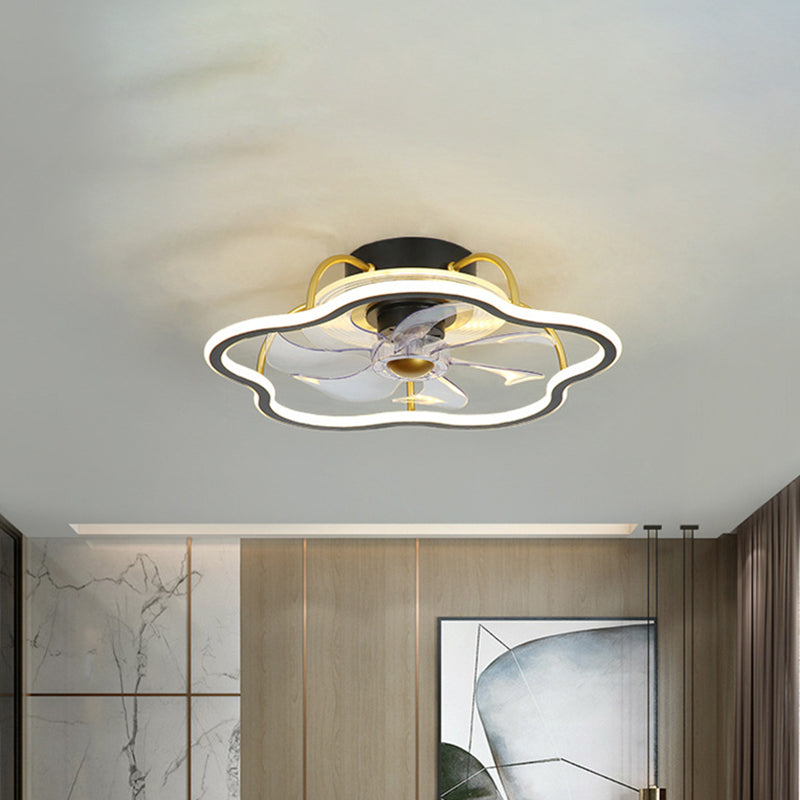 7-Blade Black/Gold Flower Shape Semi Flush Chandelier Lighting Simple Metal LED Pendant Fan Fixture, 18.5 Inch Wide Clearhalo 'Ceiling Fans with Lights' 'Ceiling Fans' 'Kids Ceiling Fans' 'Kids' Lighting' 1650247