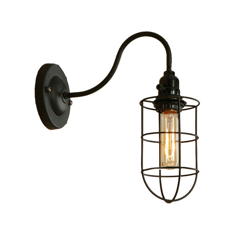 Metallic Oval/Teardrop/Bulb Wall Lighting with Wire Guard Industrial 1 Light Balcony Wall Mounted Lamp in Black Clearhalo 'Art deco wall lights' 'Cast Iron' 'Glass' 'Industrial wall lights' 'Industrial' 'Middle century wall lights' 'Modern' 'Rustic wall lights' 'Tiffany' 'Traditional wall lights' 'Wall Lamps & Sconces' 'Wall Lights' Lighting' 165025