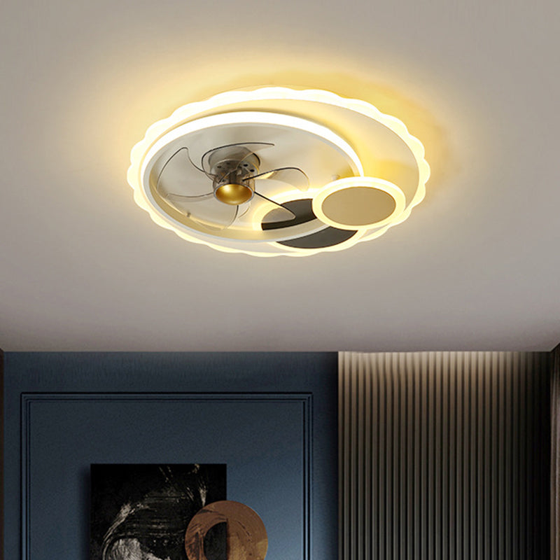 5-Blades Round Hanging Fan Light Contemporary Metal Dining Room LED Ceiling Mount Fixture in Black, 19.5