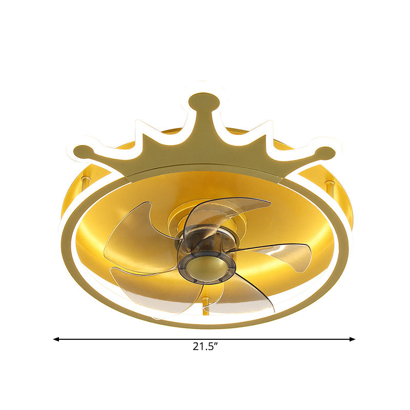 5-Blade LED Bedroom Pendant Fan Light Modern Gold Semi Flush Mount Lighting with Crown Shape Acrylic Shade, 16