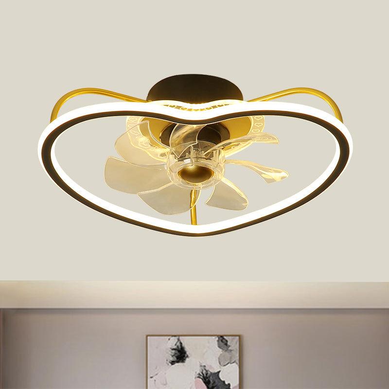 7 Blades Modernist LED Ceiling Fan Fixture with Metallic Gold/Black Heart Shape Design Semi Flush Ceiling Lamp, 16.5