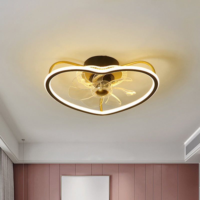 7 Blades Modernist LED Ceiling Fan Fixture with Metallic Gold/Black Heart Shape Design Semi Flush Ceiling Lamp, 16.5