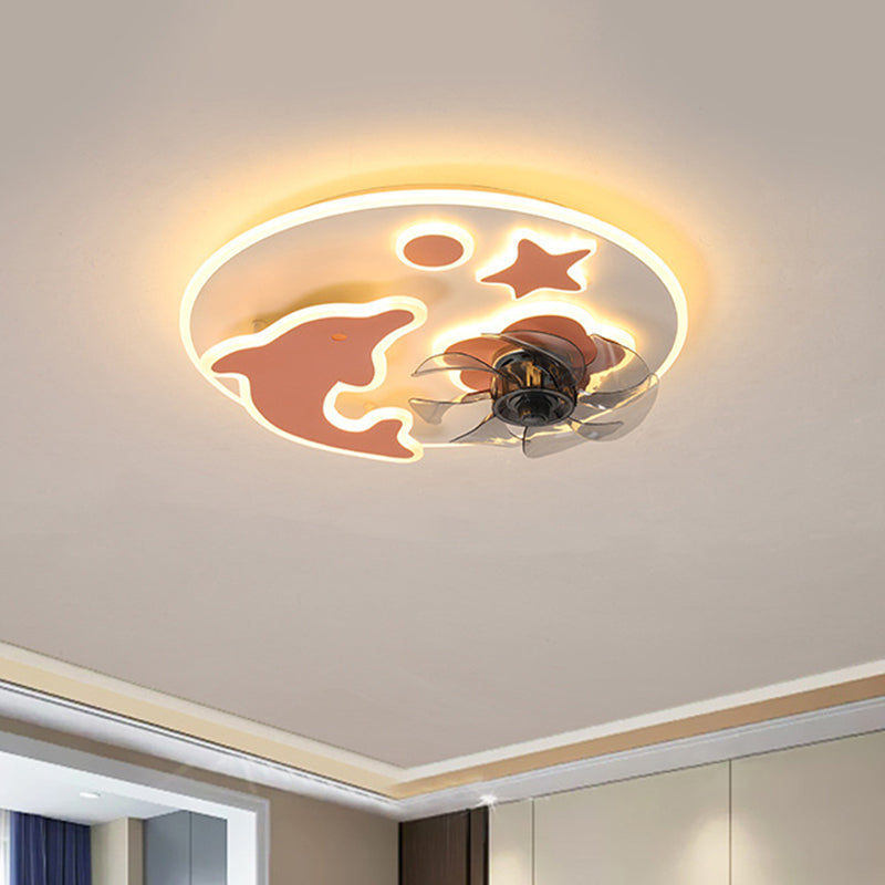 7 Blades Dolphin and Star Ceiling Fan Light Simple Metallic Pink/Blue LED Semi Flush Light Fixture, 19.5 Inch Wide Pink Clearhalo 'Ceiling Fans with Lights' 'Ceiling Fans' 'Kids Ceiling Fans' 'Kids' Lighting' 1650449