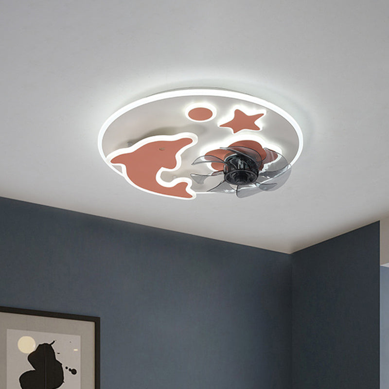 7 Blades Dolphin and Star Ceiling Fan Light Simple Metallic Pink/Blue LED Semi Flush Light Fixture, 19.5 Inch Wide Clearhalo 'Ceiling Fans with Lights' 'Ceiling Fans' 'Kids Ceiling Fans' 'Kids' Lighting' 1650450