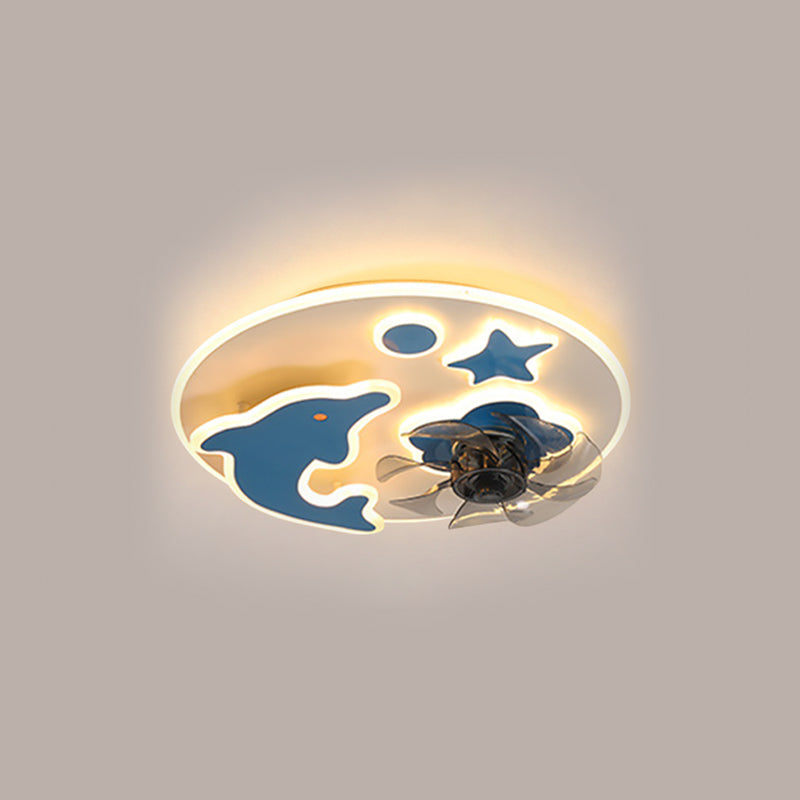 7 Blades Dolphin and Star Ceiling Fan Light Simple Metallic Pink/Blue LED Semi Flush Light Fixture, 19.5 Inch Wide Clearhalo 'Ceiling Fans with Lights' 'Ceiling Fans' 'Kids Ceiling Fans' 'Kids' Lighting' 1650456