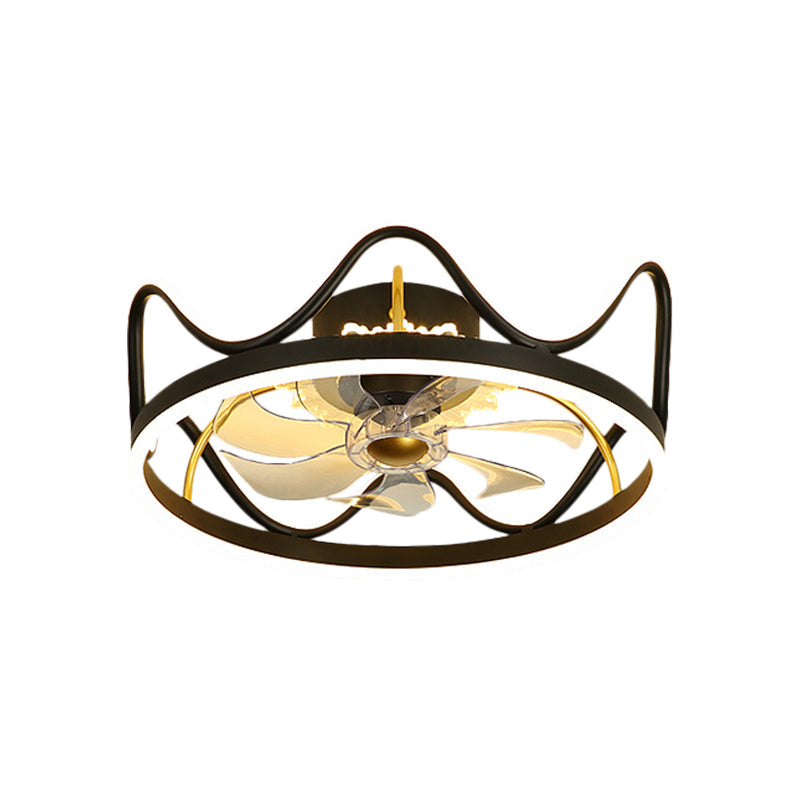 Crown Shape Dinging Room 7-Blade Hanging Fan Light Metallic Modern LED Semi Flush Mount Lamp in Gold/Black, 22