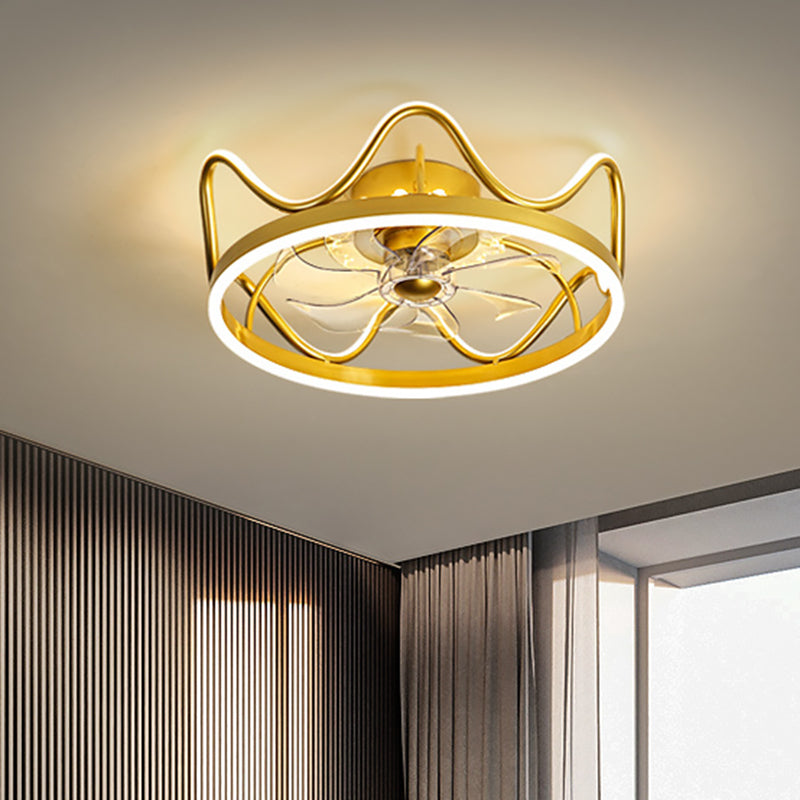 Crown Shape Dinging Room 7-Blade Hanging Fan Light Metallic Modern LED Semi Flush Mount Lamp in Gold/Black, 22" Width Gold Clearhalo 'Ceiling Fans with Lights' 'Ceiling Fans' 'Kids Ceiling Fans' 'Kids' Lighting' 1650534