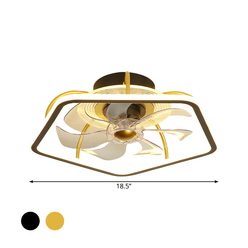 Pentagon Semi Flush Ceiling Light Modern Metal Black/Gold LED Hanging Fan Light with 7 Blades, 18.5