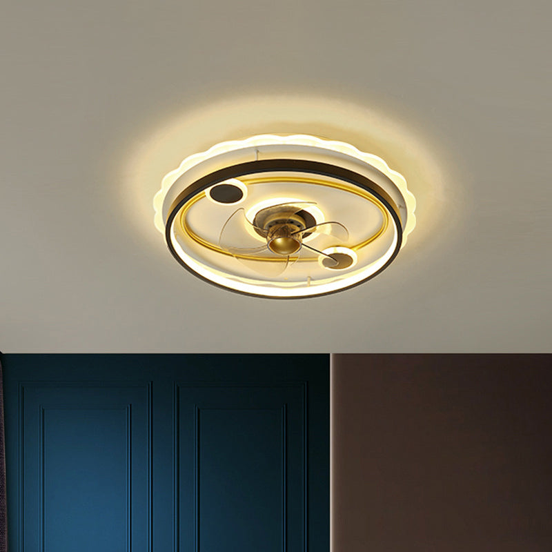 5 Blades Black Round Semi Flush Mount Fixture Modern Metal LED Ceiling Fan Light, 19.5