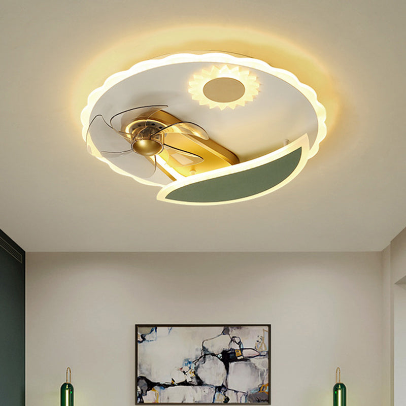 Modern LED Semi Flush Ceiling Light with Windmill Design Gold Round Pendant Fan Light, 19.5