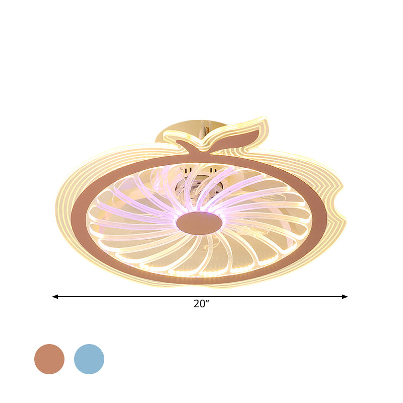 Apple Figure Semi Flush Mount Lamp Modern Transparent Acrylic LED Ceiling Fan Light in Pink/Blue, 20" Width Clearhalo 'Ceiling Fans with Lights' 'Ceiling Fans' 'Kids Ceiling Fans' 'Kids' Lighting' 1650569