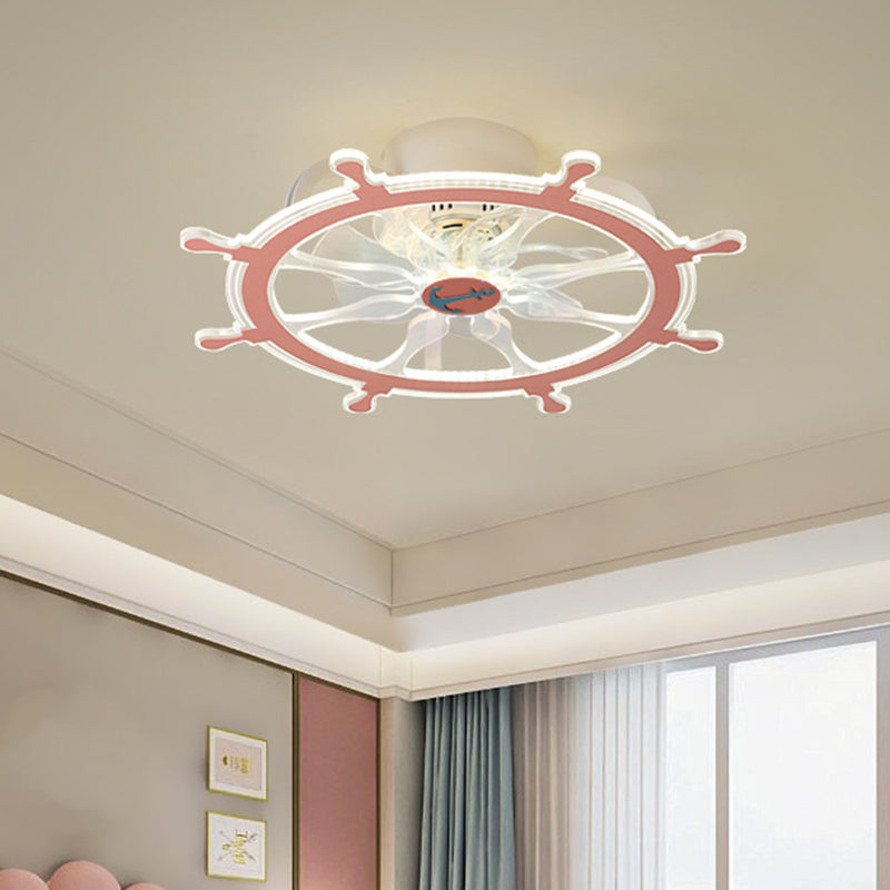 7 Blades Steering Wheel Semi Flush Ceiling Light Modernist Acrylic Nursery Room LED Pendant Fan Light in Pink/Blue, 23