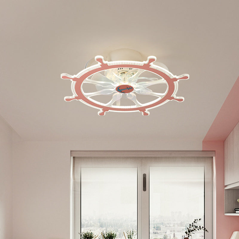 7 Blades Steering Wheel Semi Flush Ceiling Light Modernist Acrylic Nursery Room LED Pendant Fan Light in Pink/Blue, 23